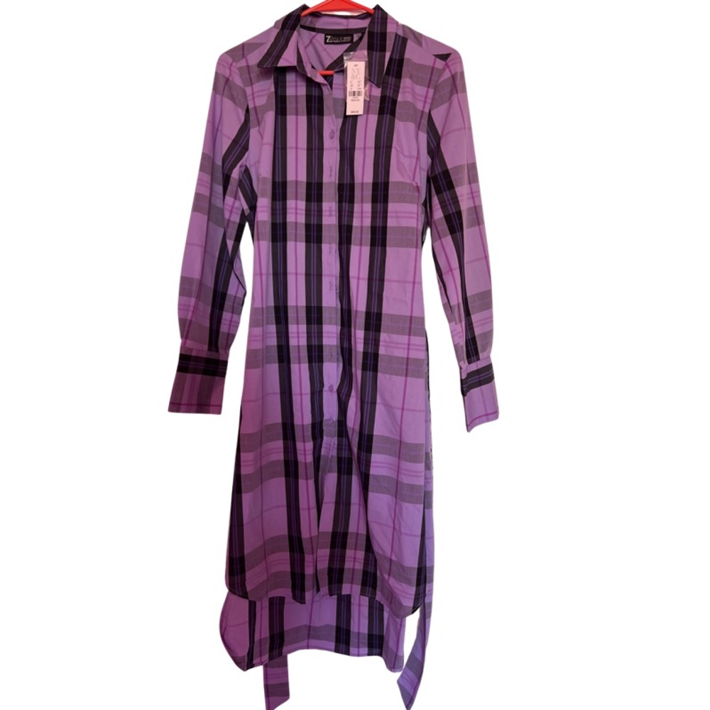 New York & Company Midi High Low Purple Plaid Black Long Sleeve Dress Size M